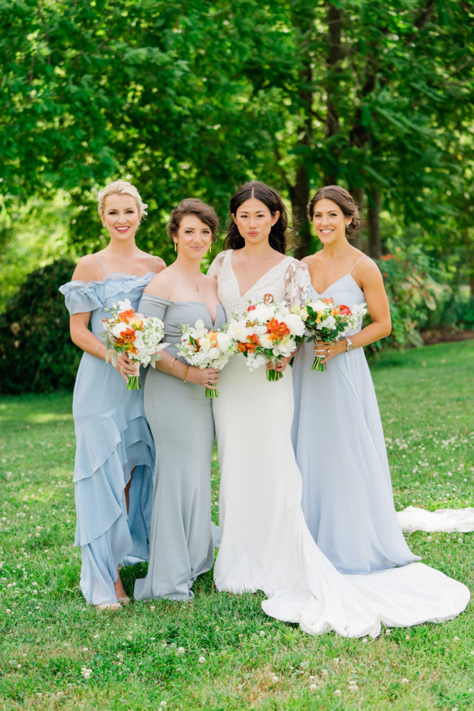 mismatched pale dusty blue bridesmaid dresses - Riverside on the Potomac wedding - Leesburg, Virginia, Loudoun VA