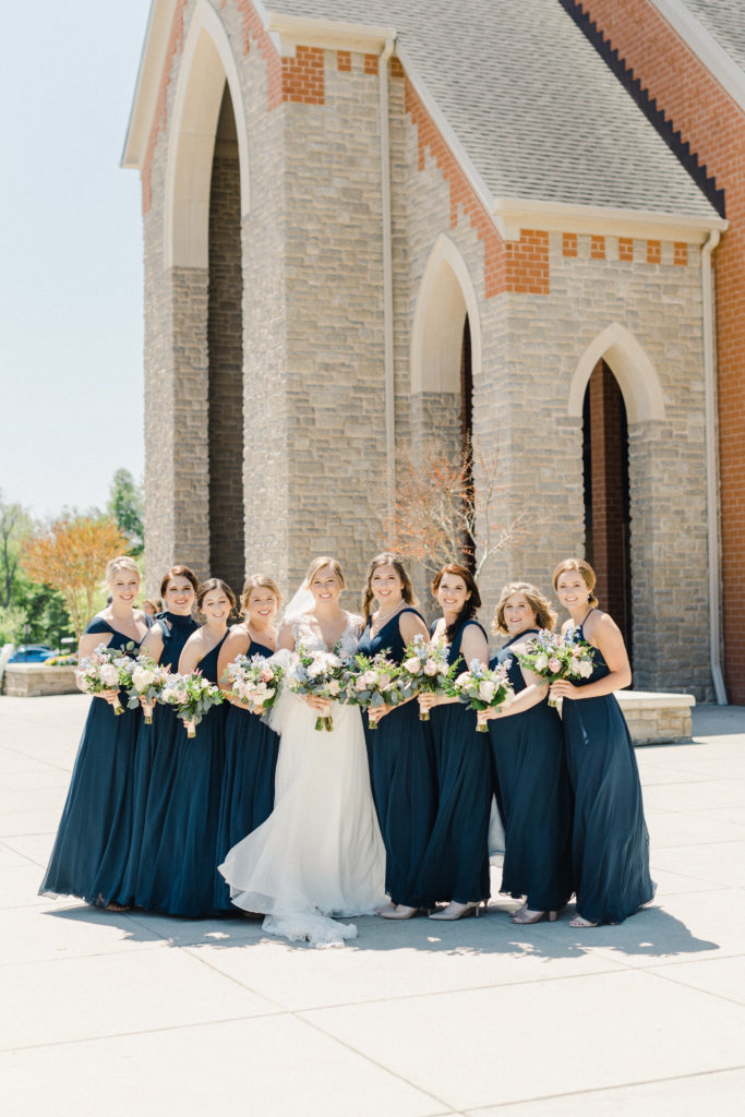 teal bridesmaid gowns - Spring church wedding ceremony