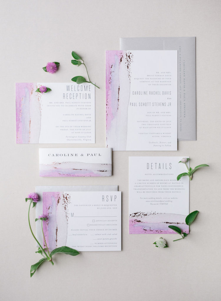 pale purple and rose gold wedding invitation from Minted