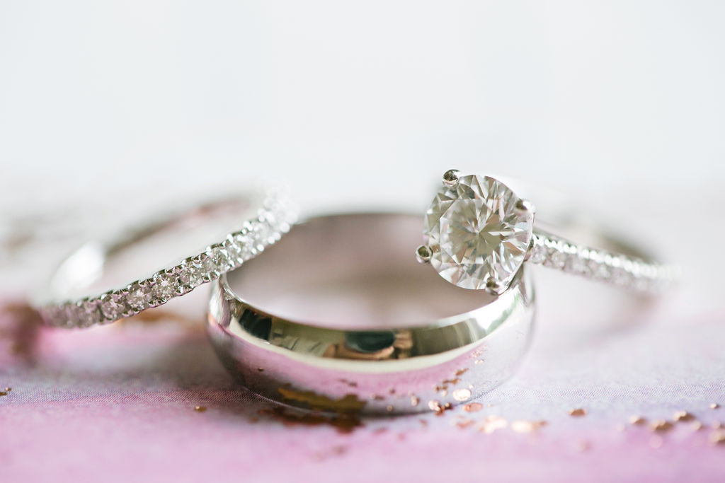 real wedding jewelry - engagement ring, wedding ring, groom's band