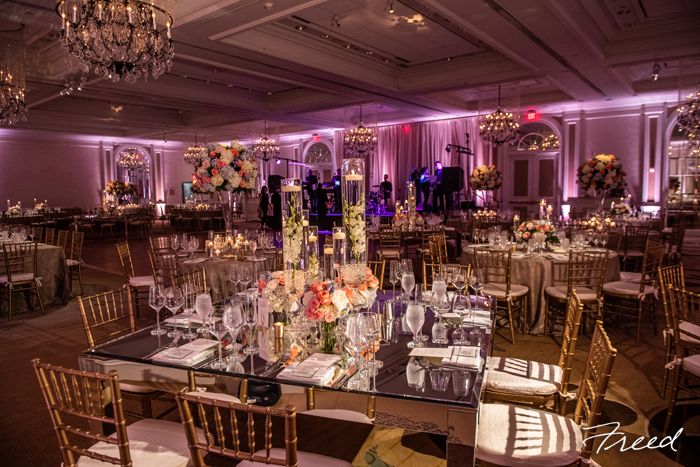 Fairmont Hotel wedding reception mirror top table   - peach and blue flowers, blush uplighting - coordinated by Bellwether Events