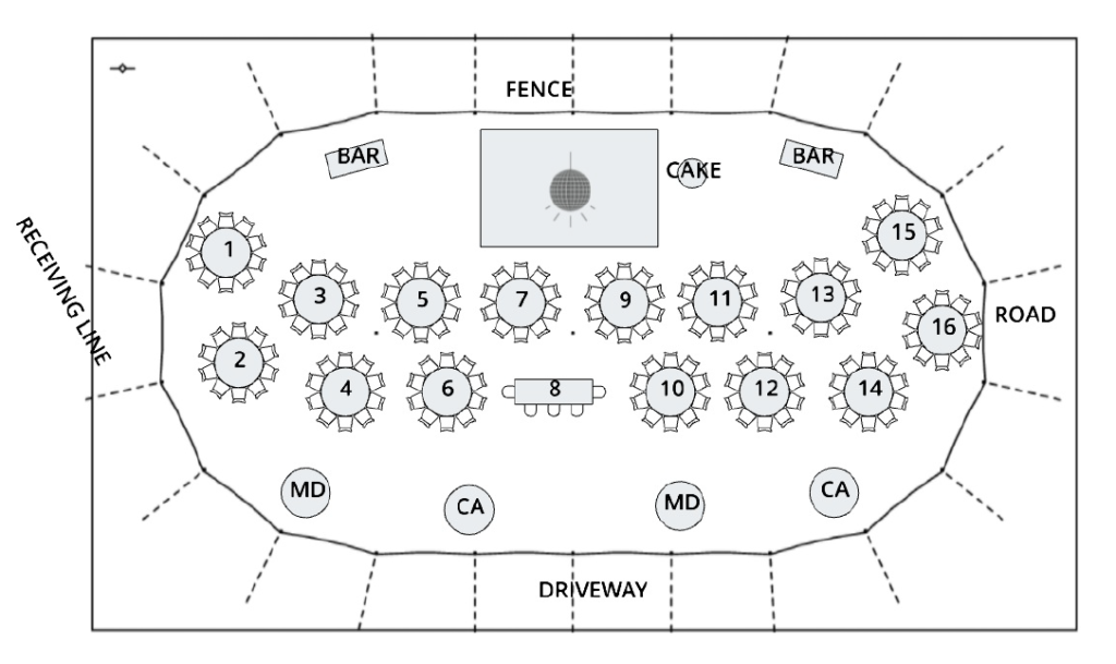 A sailcloth tent wedding reception floor plan, coordinated by Bellwether Events 