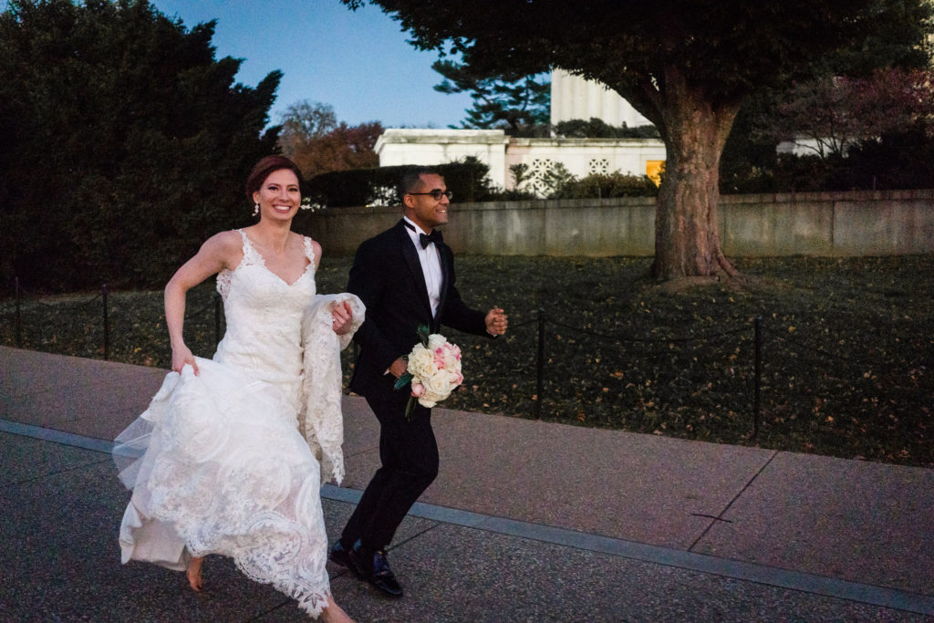 Washington DC wedding photo bride and groom running for bus