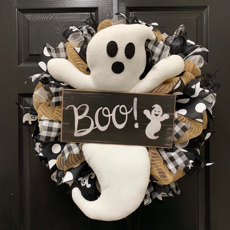 black and white BOO! ghost - halloween wreath
