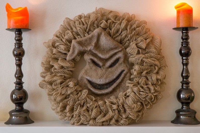 burlap halloween wreath - nightmare before Christmas harry potter sorting hat 