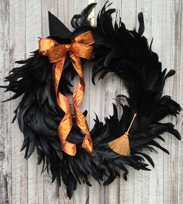 black feather halloween wreath - witch wreath
