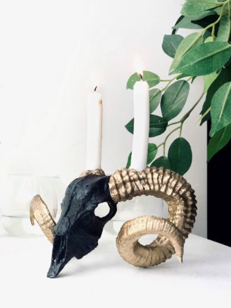 gothic black and gold ram skull candelabra - great Halloween decor 