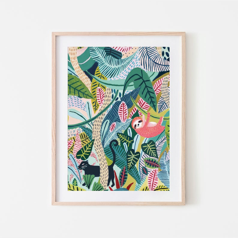 Botanical jungle sloth print  - gift of art
