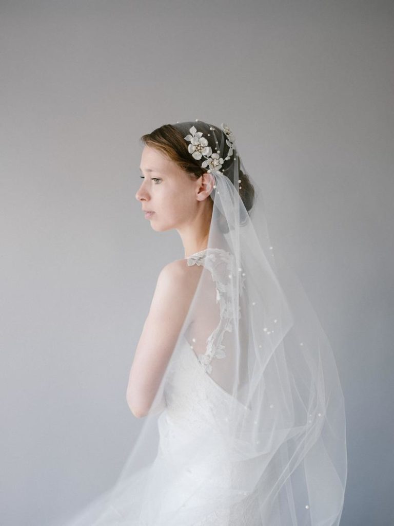 etsy wedding idea: Pearl Beaded Juliet Cap Cathedral Veil with a Gilded Ivory Crystal Floral Headpiece