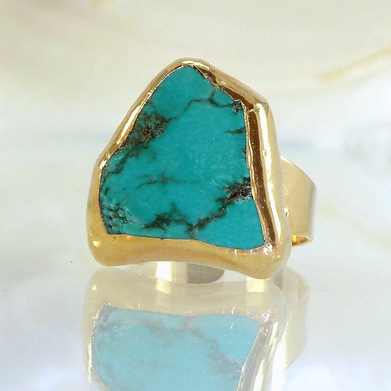 raw turquoise and gold statement ring  - gift idea for her - Christmas gift idea 
