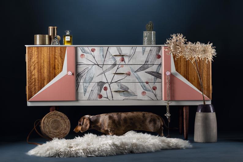 big gifts for the home - pink and teak upcycled mid-century modern sideboard 