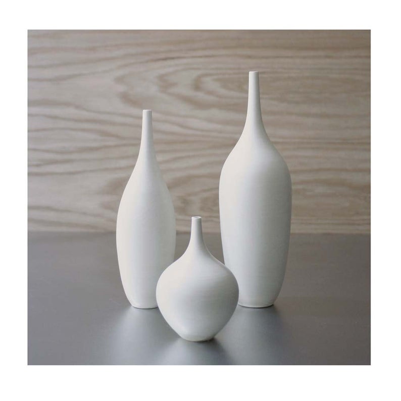gift for new homeowner - housewarming gift - trio of modern, white ceramic bud vases