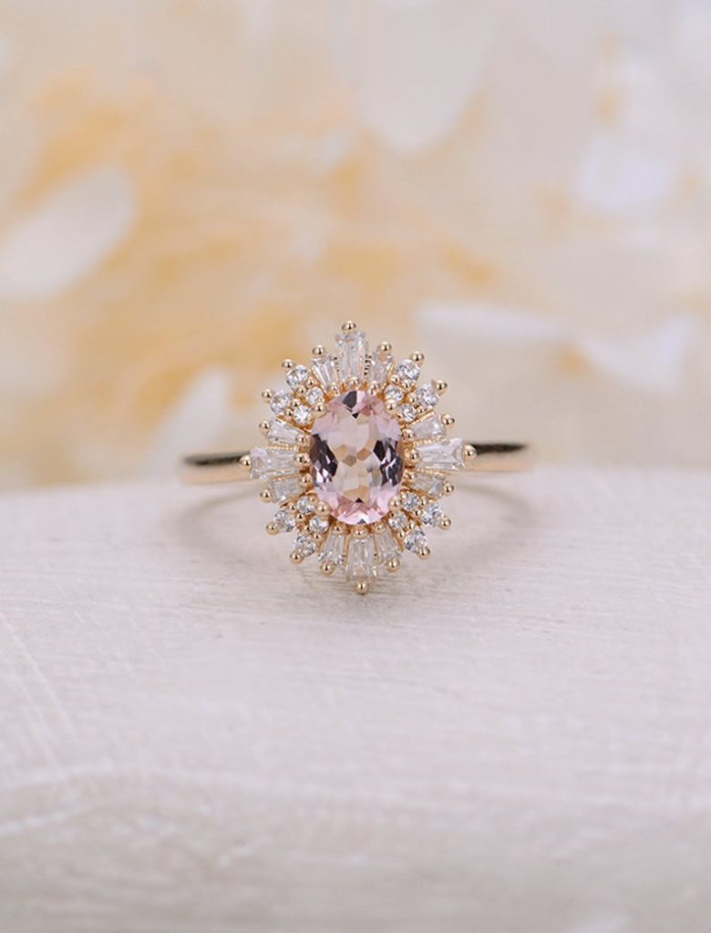 vintage art deco morganite halo ring  - gift idea for her - Christmas gift idea 