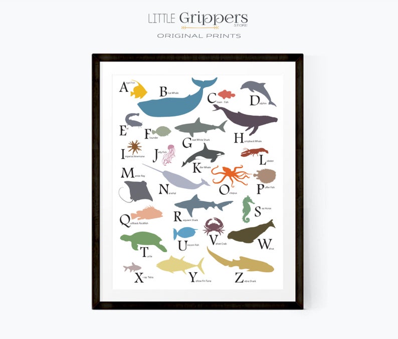 gift for kids - alphabet of ocean creatures - art print 