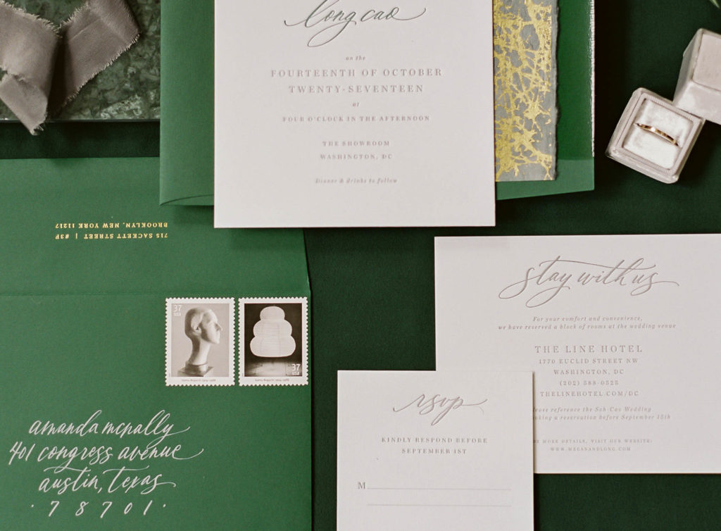 Dark green wedding invitation suite Bellwether Events