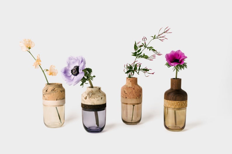 gift for new homeowner - housewarming gift - handmade vases with cork, glass and hardwood