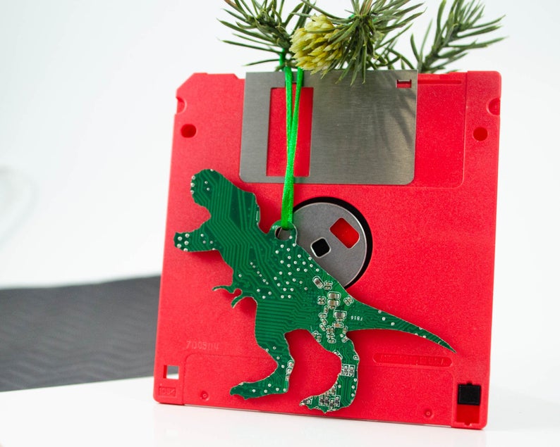 dinosaur Christmas tree ornament made from a circuit board  - gifts made in DC