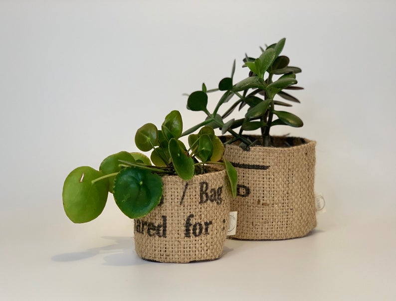 gifts for plant parents - upcycled coffee sack plant baskets 
