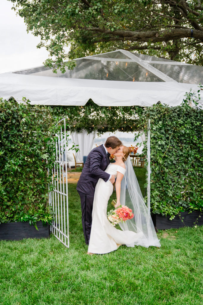 2020 wedding: secret garden micro wedding tent garden gate - Waterfront Wedding Southern Maryland Bellwether Events Kurstin Roe Photography 