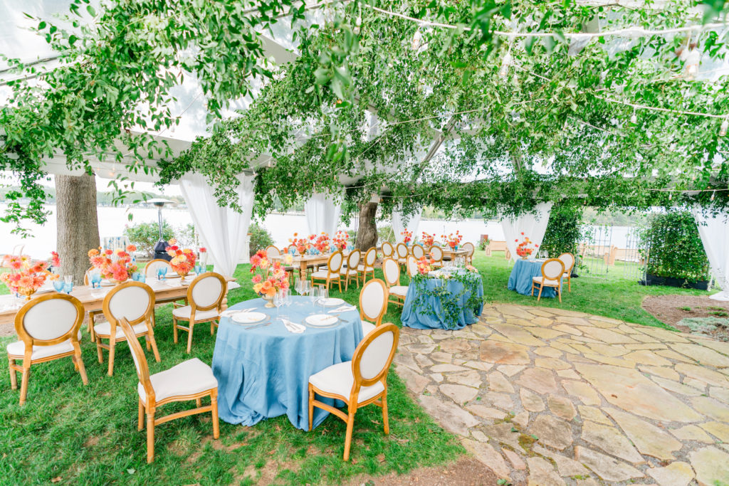 secret garden wedding tent blue and coral - Waterfront Wedding Southern Maryland Bellwether Events Kurstin Roe Photography Sugarplum Tent Co
