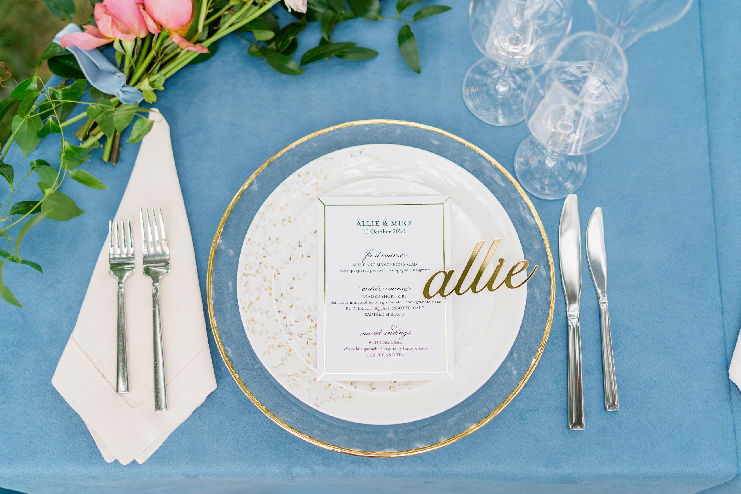 blue and gold modern wedding place setting - Waterfront Wedding Southern Maryland Bellwether Events Kurstin Roe Photography Sugarplum Tent Co