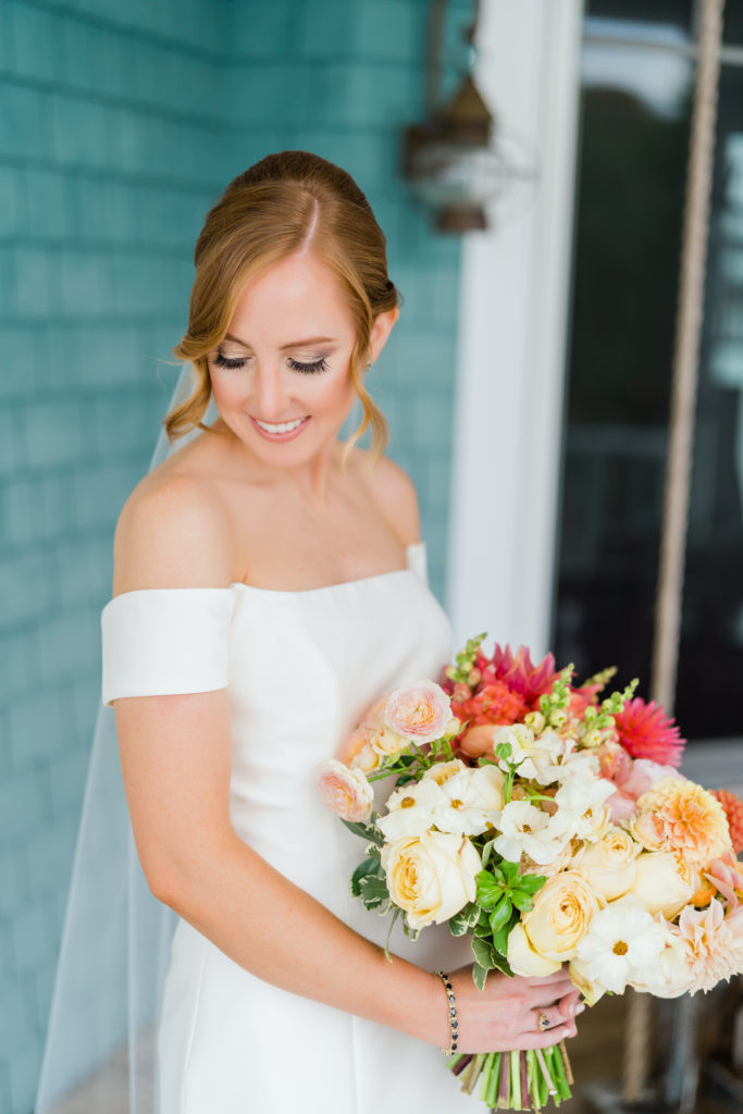 yellow peach coral bridal bouquet - Waterfront Wedding Southern Maryland Bellwether Events Kurstin Roe Photography Sugarplum Tent Co