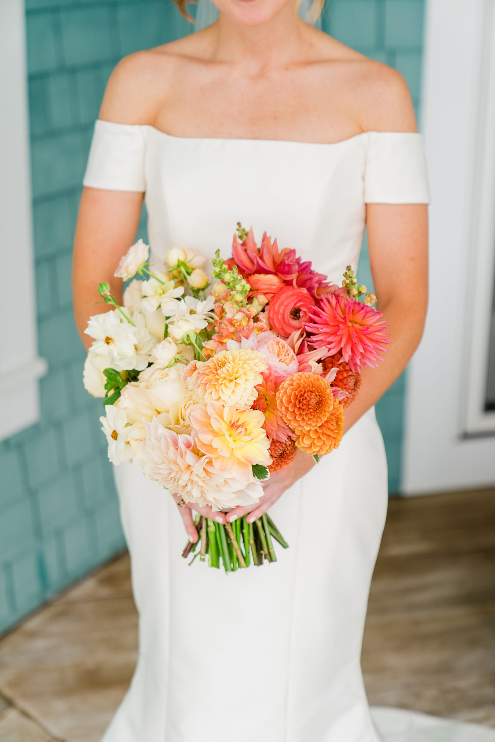 ombre yellow peach coral bridal bouquet - Waterfront Wedding Southern Maryland Bellwether Events Kurstin Roe Photography Sugarplum Tent Co