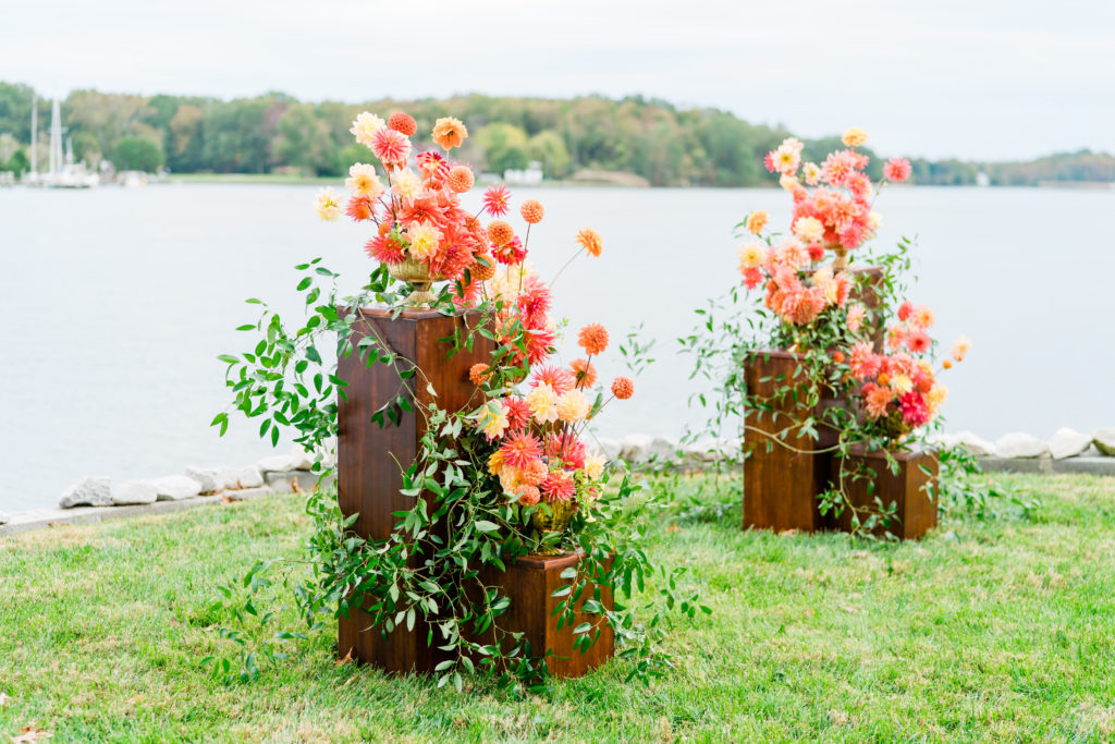 Coral Peach ceremony altar flowers - Waterfront Wedding Southern Maryland Bellwether Events Kurstin Roe Photography Sugarplum Tent Co