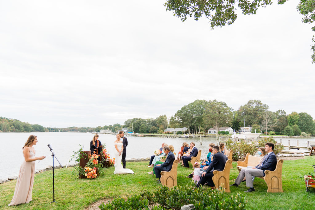 backyard wedding ceremony - Waterfront Wedding Southern Maryland Bellwether Events Kurstin Roe Photography Sugarplum Tent Co