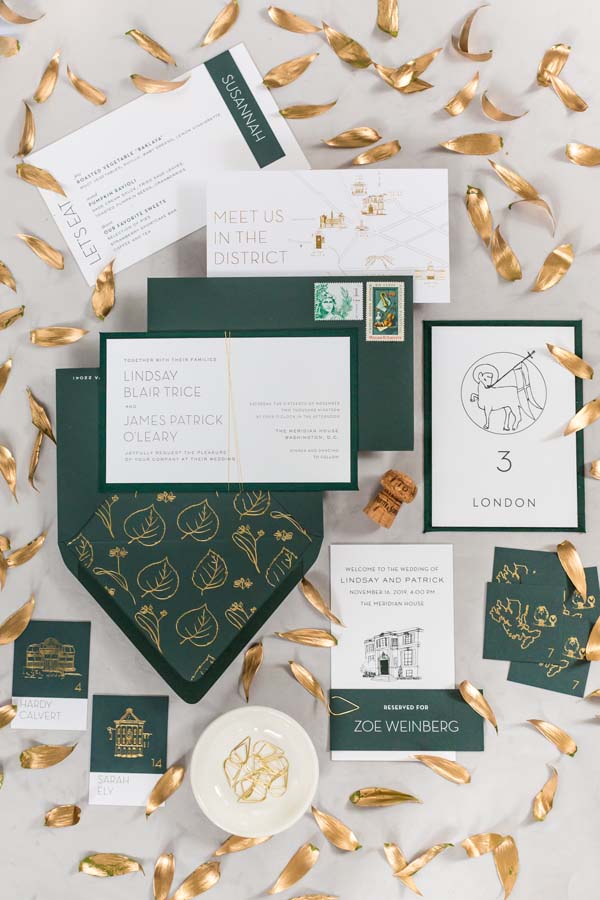 Meridian House DC wedding emerald and gold invitation