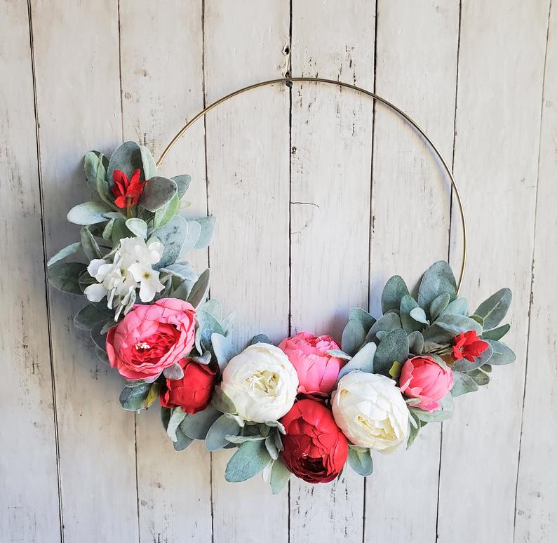 modern, asymmetrical silk flower wreath for Valentine's 