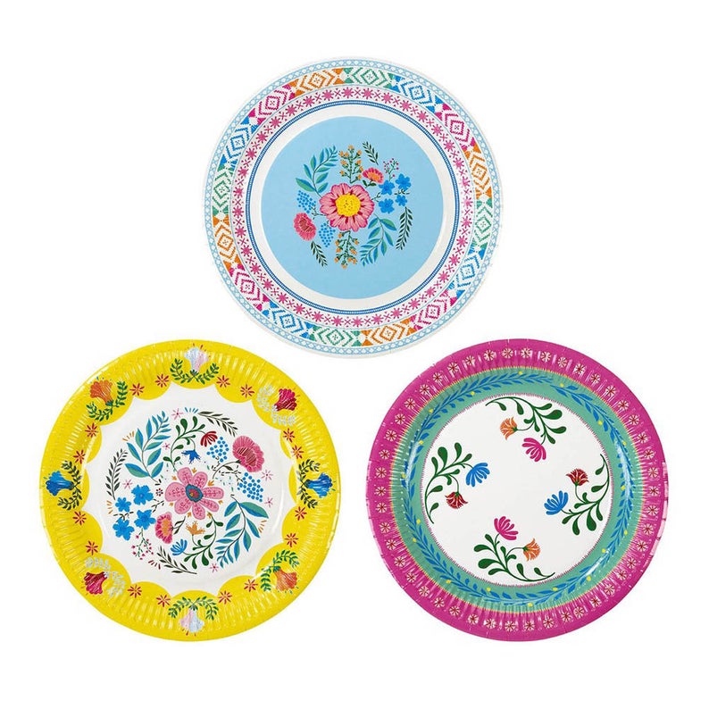Mexican embroidered flowers on paper plates 