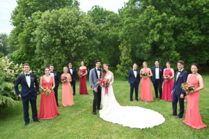 family farm wedding party portrait sunset color palette gowns