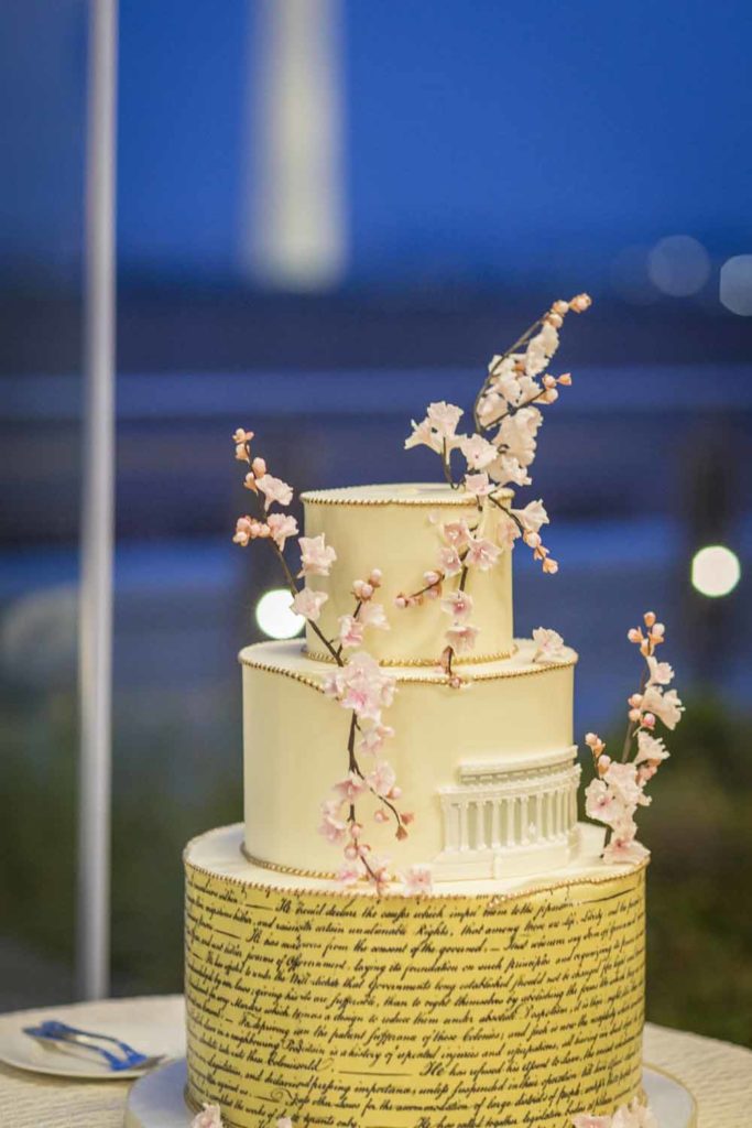 Spy Museum DC wedding rooftop Lincoln Memorial Constitution cherry blossom wedding cake