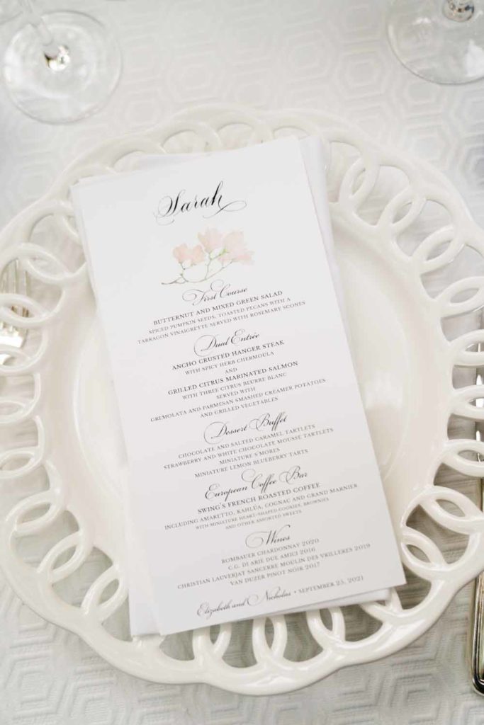 Dumbarton House wedding DC menu card