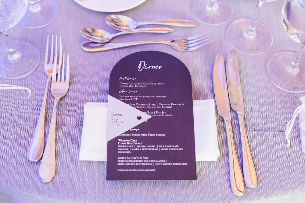 Hotel Monaco DC wedding  blue purple menu card
