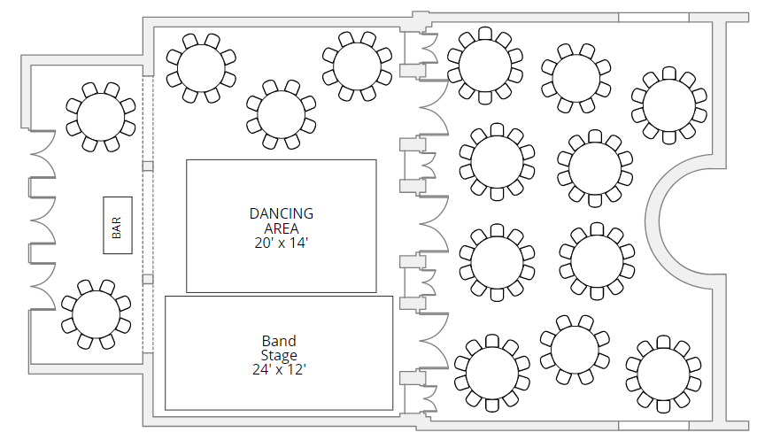 Dumbarton House DC wedding floor plan with band - 136 seats