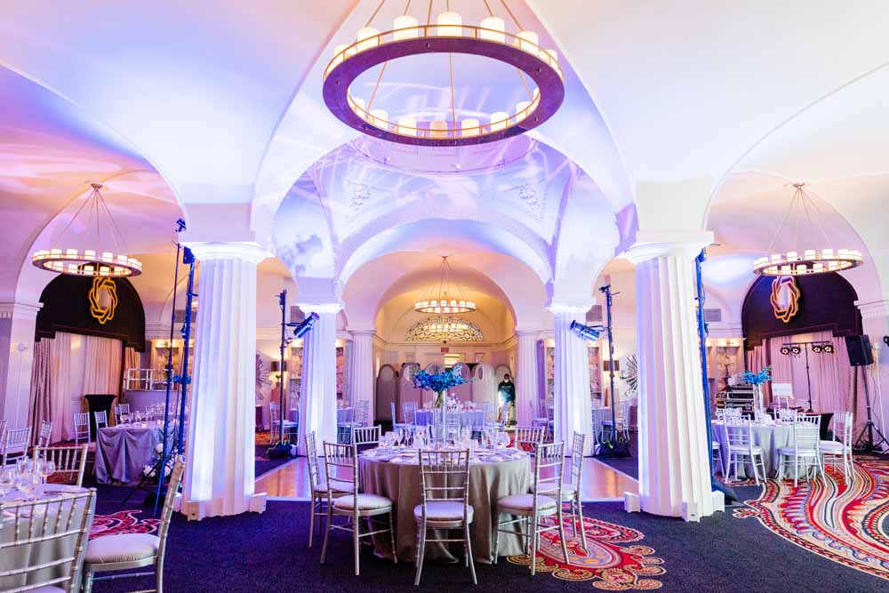 Hotel Monaco DC wedding reception - synth wave blue and purple 
