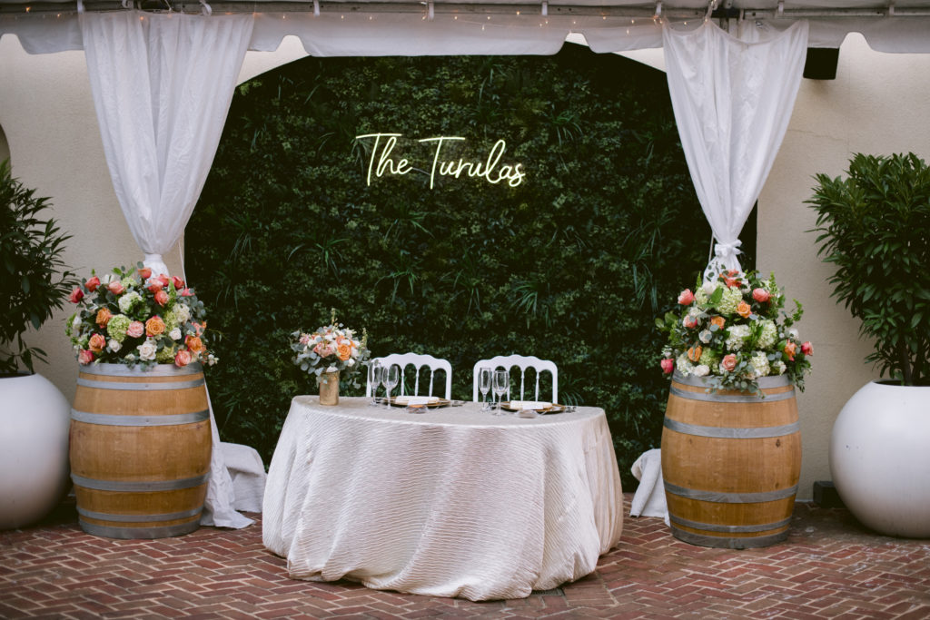 The Alexandrian Hotel courtyard wedding reception Virginia sweetheart table