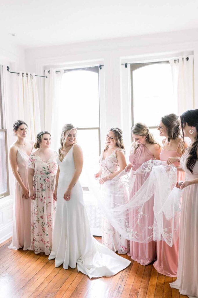 Washington DC chic spring wedding - pretty pastels - floral and pink bridesmaid dresses 