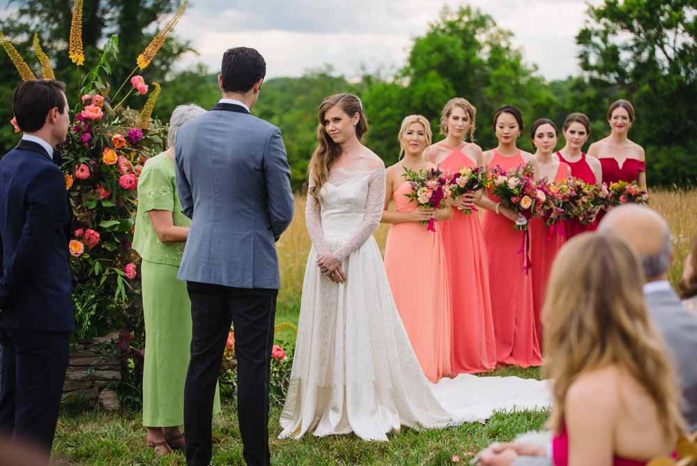 Virginia Family Farm Wedding - tented reception - French Provencal market theme - coral ombre bridesmaid dresses