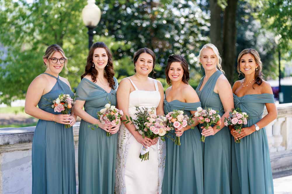 Colorful Spring DAR wedding party - sage green bridesmaids