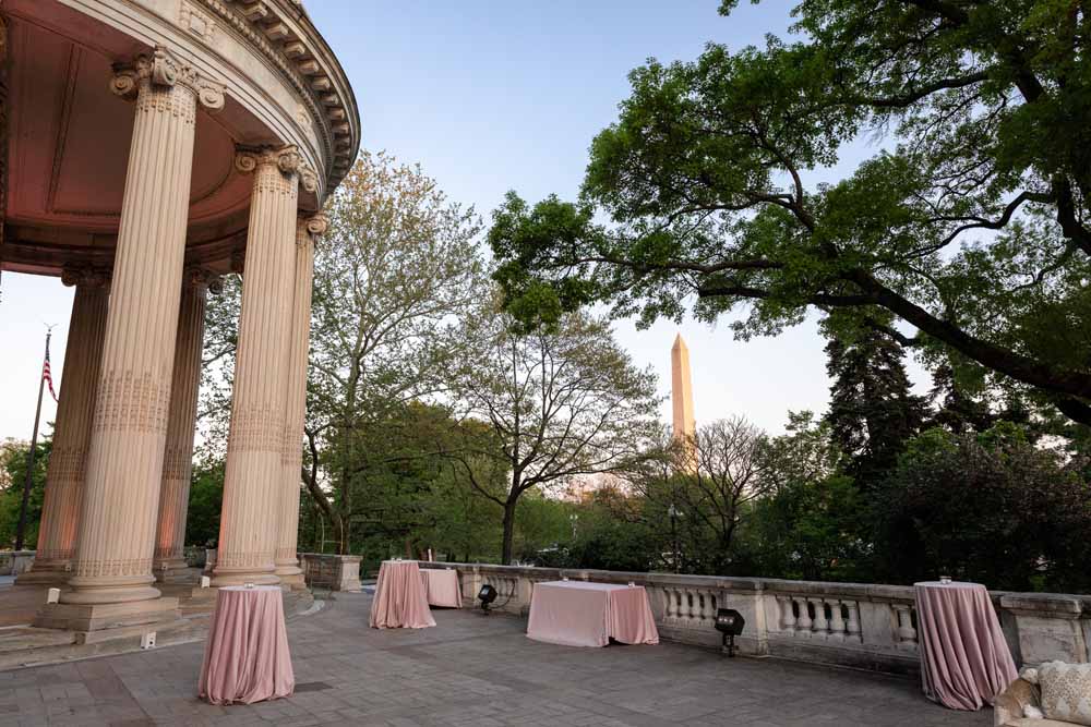 Colorful Spring DAR wedding - post-reception dancing set up on the Terrace - pink velvet linens