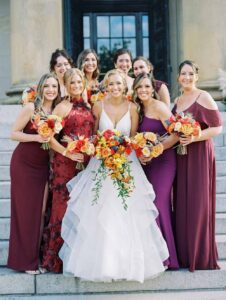 burgundy bridesmaids at the Line - autumn rooftop wedding