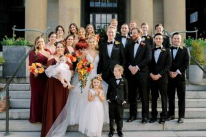 burgundy bridesmaids at the Line - autumn rooftop wedding