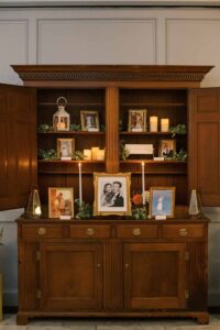 foyer bookcase with photos AT the Line - autumn rooftop wedding