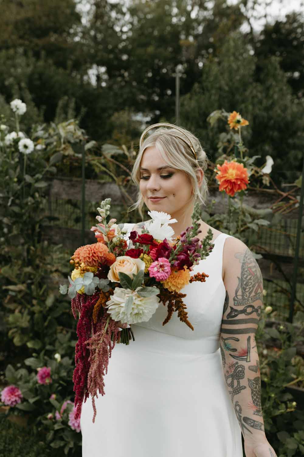 bride with autumn bouquet Boho Tented Wedding at Maryland Private Home