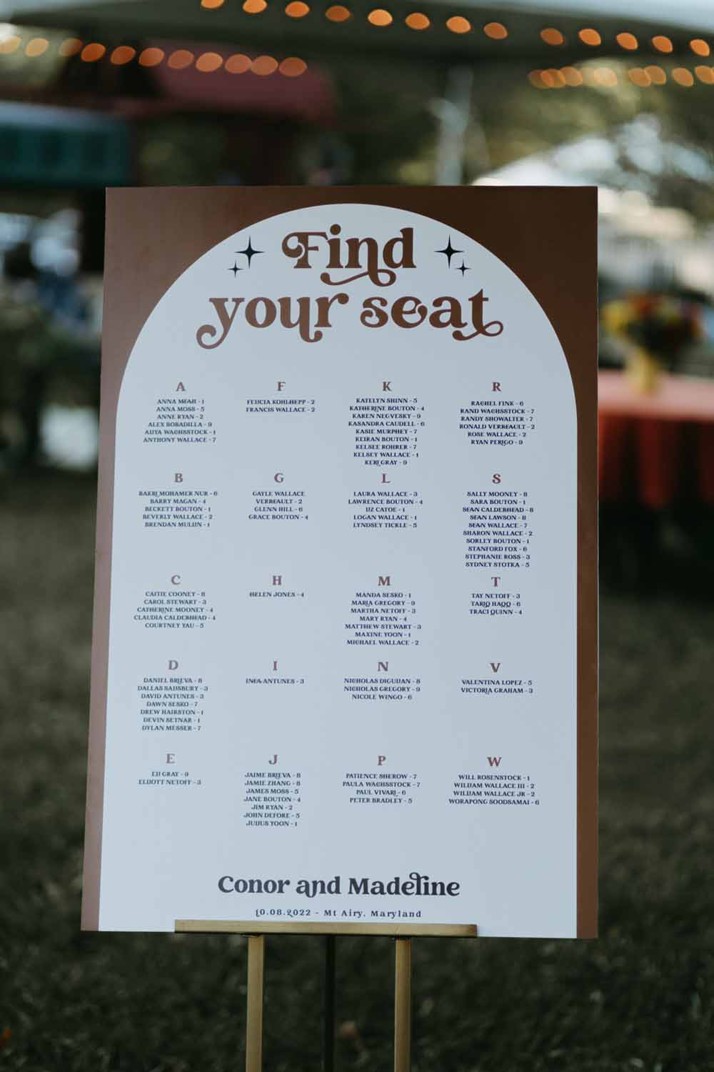 seating chart Boho Tented Wedding at Maryland Private Home