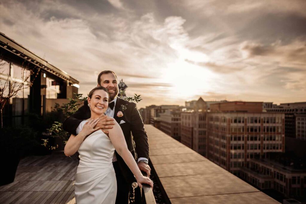 bride and groom - Moody Spring Riggs Hotel Rooftop Wedding