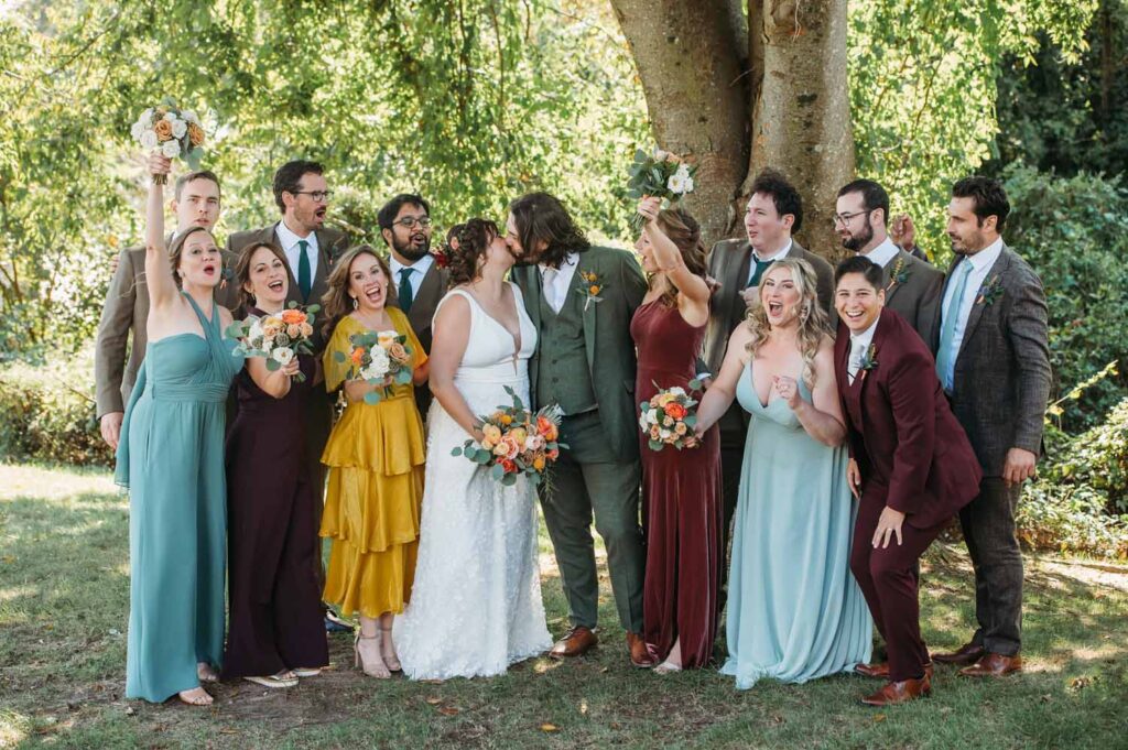 colorful and mismatched autumnal wedding party fashion